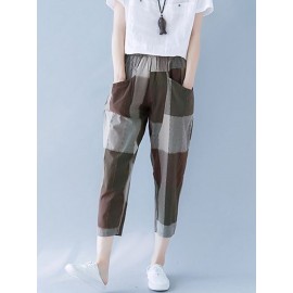 Patchwork Contrast Color Elastic Waist Casual Pants