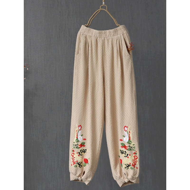 Vintage Embroidery Elastic Waist Frog Button Pants For Women