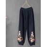 Vintage Embroidery Elastic Waist Frog Button Pants For Women