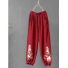 Vintage Embroidery Elastic Waist Frog Button Pants For Women