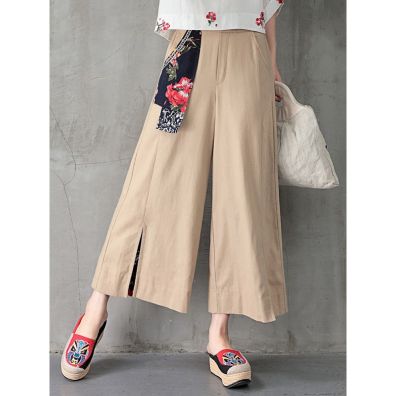 Folk Style Floral Print Patchwork Splited High Waist Women Pants