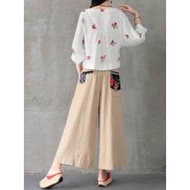 Folk Style Floral Print Patchwork Splited High Waist Women Pants