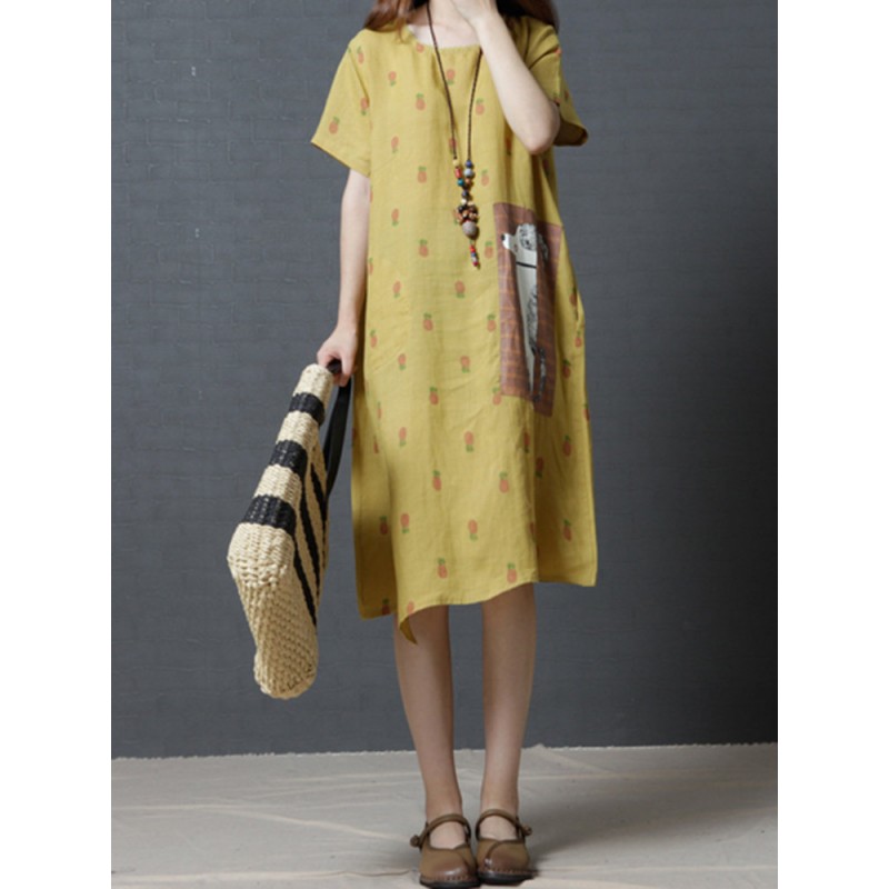 Casual Strawberry Dog Pattern Short Sleeve O-neck Dress For Women