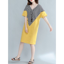 Casual Stripe Patchwork Loose Half Sleeve V-neck Women Dress