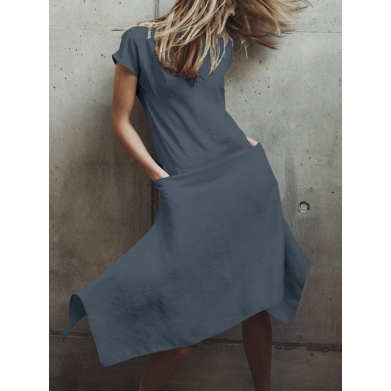 Solid Color Pockets Irregular Short Sleeve Casual Dress