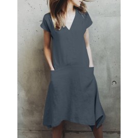 Solid Color Pockets Irregular Short Sleeve Casual Dress