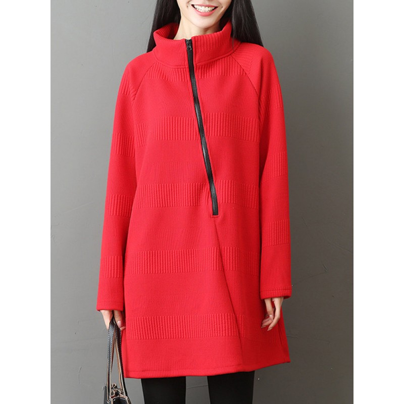 Casual Women Solid Color Turtleneck Zipper Long Sleeve Dresses