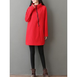 Casual Women Solid Color Turtleneck Zipper Long Sleeve Dresses