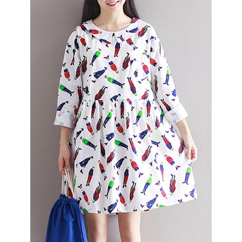 Casual Printed Women Long Sleeve Laple Drawstring Dresses