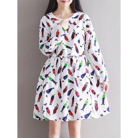 Casual Printed Women Long Sleeve Laple Drawstring Dresses