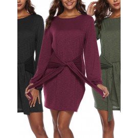 Solid Color Long Sleeve Drawstring Casual Dresses