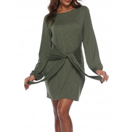 Solid Color Long Sleeve Drawstring Casual Dresses