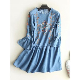 Denim Embroidery Long Pagoda Sleeve Casual Dresses