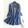 Denim Embroidery Long Pagoda Sleeve Casual Dresses