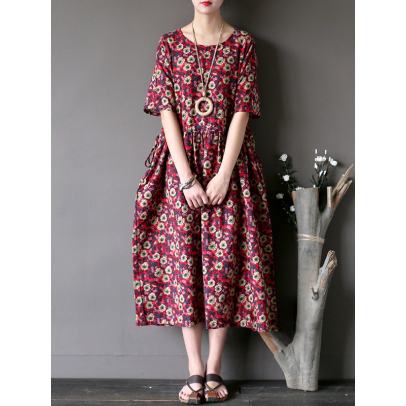 Vintage Casual Women Short Sleeve Floral Print Dresses