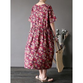 Vintage Casual Women Short Sleeve Floral Print Dresses