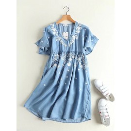 Denim Embroidery Short Sleeve V-neck Casual Dresses