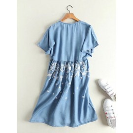 Denim Embroidery Short Sleeve V-neck Casual Dresses