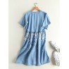 Denim Embroidery Short Sleeve V-neck Casual Dresses