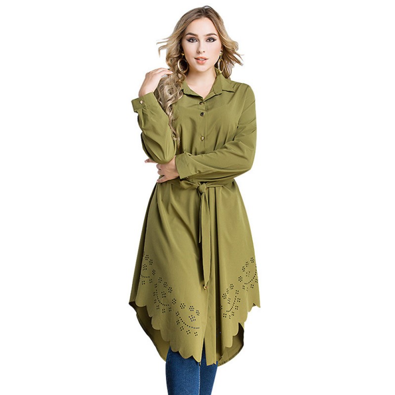 Long Sleeve Pure Color Buttons Shirt Dresses For Women