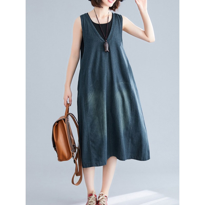 Casual V-neck Sleeveless Denim Overall Dress