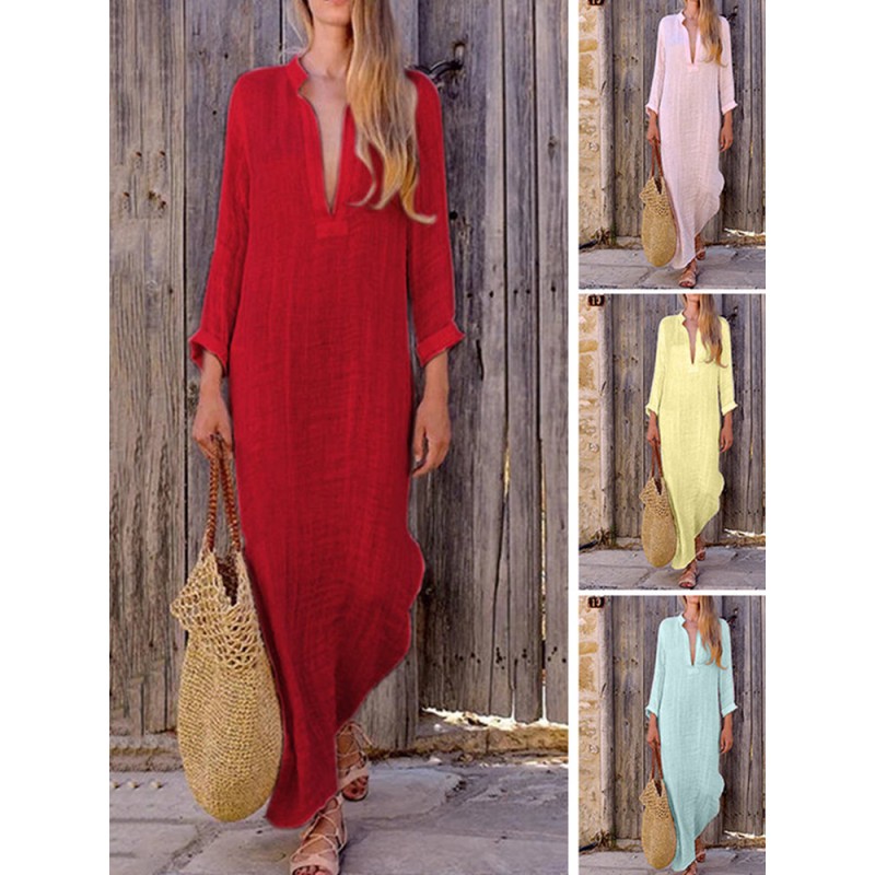 Deep V-neck Solid Color Cotton Maxi Casual Dresses