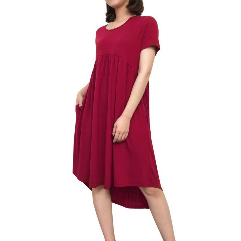 Pure Color Pleated Irregular Short Sleeve O-neck Casual Dresses