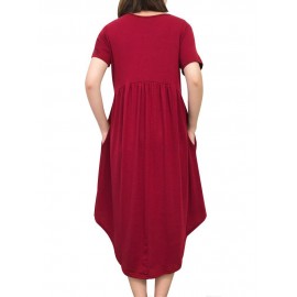 Pure Color Pleated Irregular Short Sleeve O-neck Casual Dresses