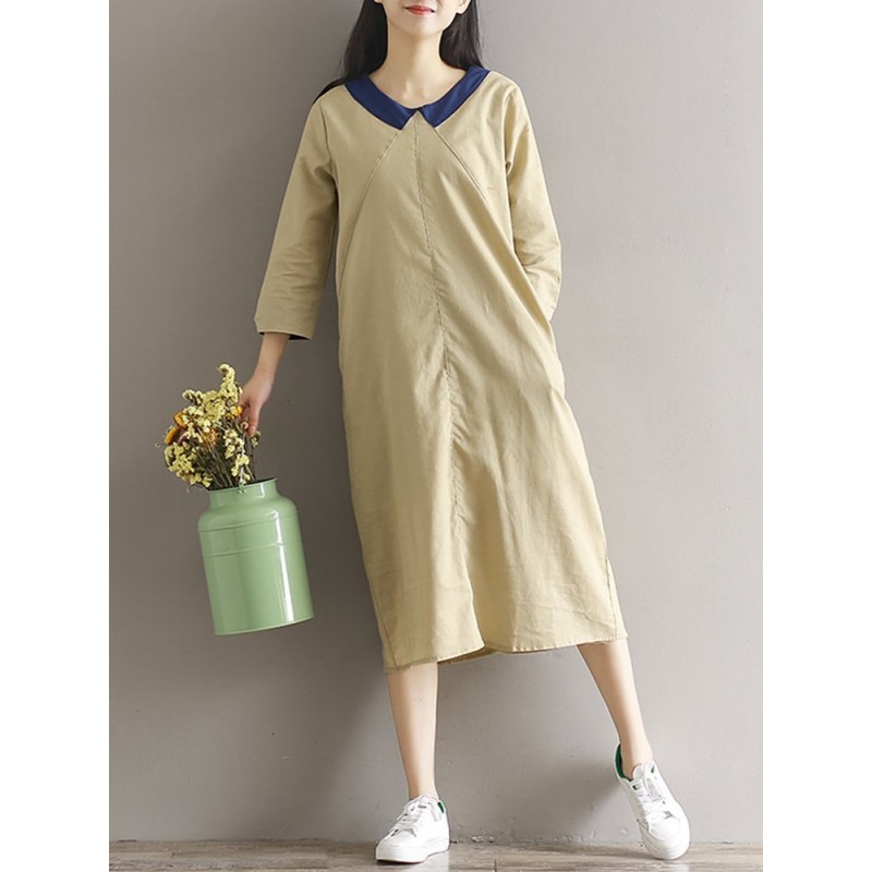 Casual Loose Patchwork 3/4 Sleeve O-neck Women Mid-long Dress