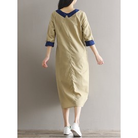 Casual Loose Patchwork 3/4 Sleeve O-neck Women Mid-long Dress