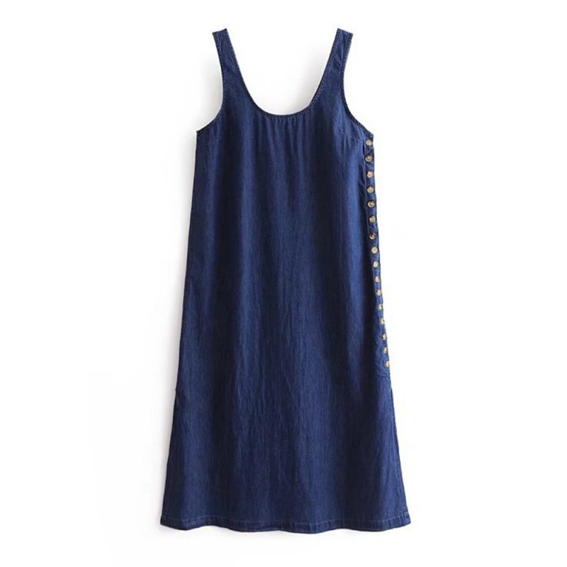 Denim Pure Color Side Buttons Splited Sleeveless Casual Dresses