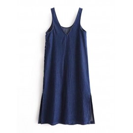 Denim Pure Color Side Buttons Splited Sleeveless Casual Dresses