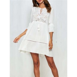 Boho Hollow Out O-Neck White Casual Dresses