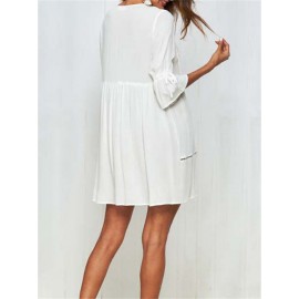 Boho Hollow Out O-Neck White Casual Dresses