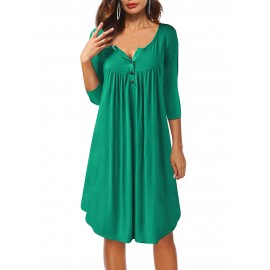 Button Fly O-neck Pleated Casual Dresses