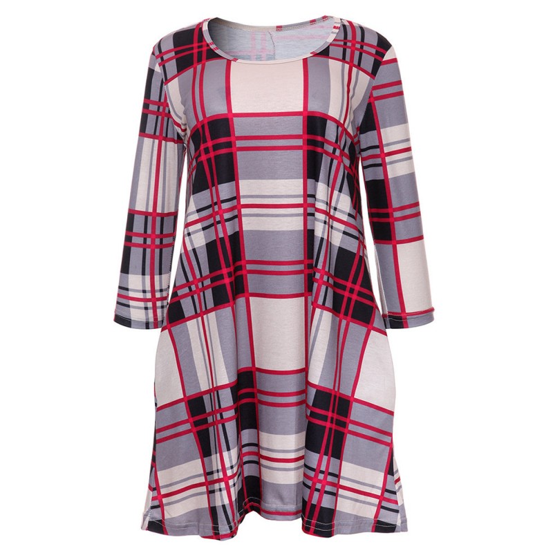 Plaid Women O-neck Long Sleeve Pockets Mini Dresses