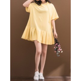 Solid Pleated Loose Hooded Half Sleeve Women Casual Dresses