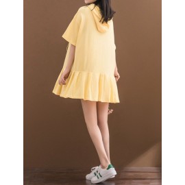 Solid Pleated Loose Hooded Half Sleeve Women Casual Dresses