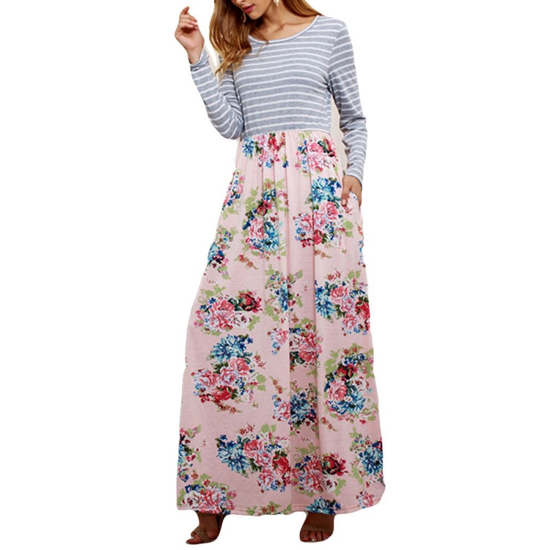 Floral Printed Striped Patchwork Maxi Casual Dresses