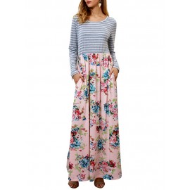 Floral Printed Striped Patchwork Maxi Casual Dresses