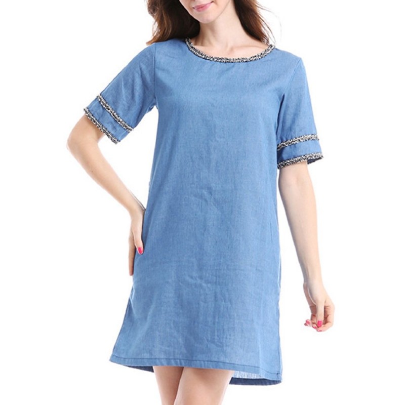 Casual Denim Patchwork O-neck Short Sleeve Mini Dress For Women