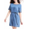 Casual Denim Patchwork O-neck Short Sleeve Mini Dress For Women