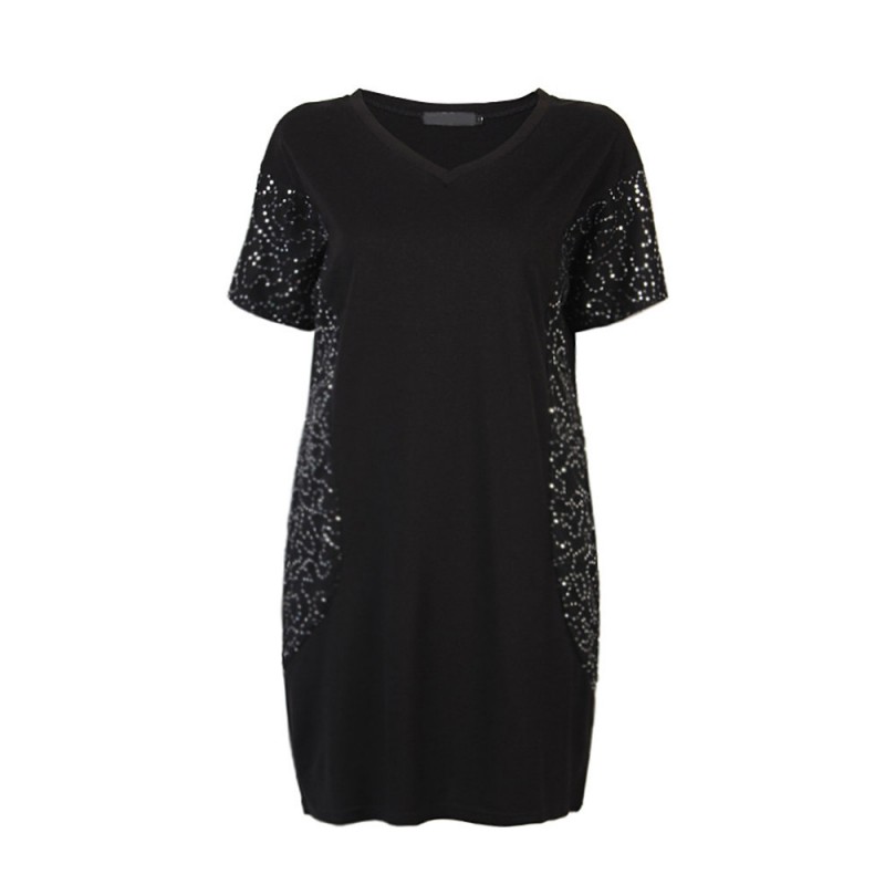 Casual Women Sequins Stitching Short Sleeve V-Neck Mini Dress