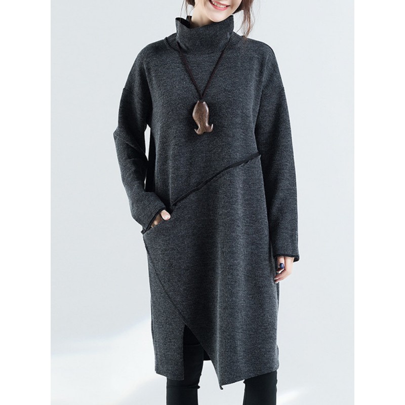 Women Turtleneck Split Pure Color Long Sleeve Casual Loose Dresses