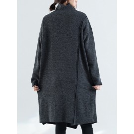 Women Turtleneck Split Pure Color Long Sleeve Casual Loose Dresses