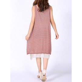 Casual Women Sleeveless Fake Two Pieces O-neck Mid-Long Dresses