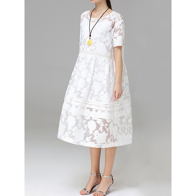 Women Jacquard O-Neck Short Sleeve Billowing Two-Piece Dresses