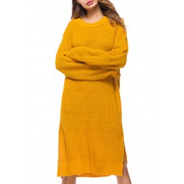 Casual Pure Color Side Splited Long Sleeve Women Sweater Dresses