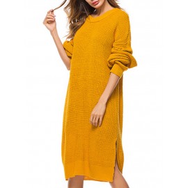 Casual Pure Color Side Splited Long Sleeve Women Sweater Dresses