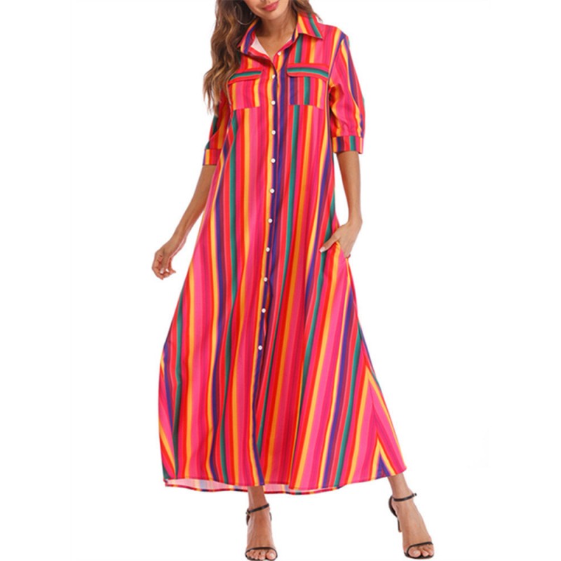 Front Button Fly Striped Pocket Casual Dresses